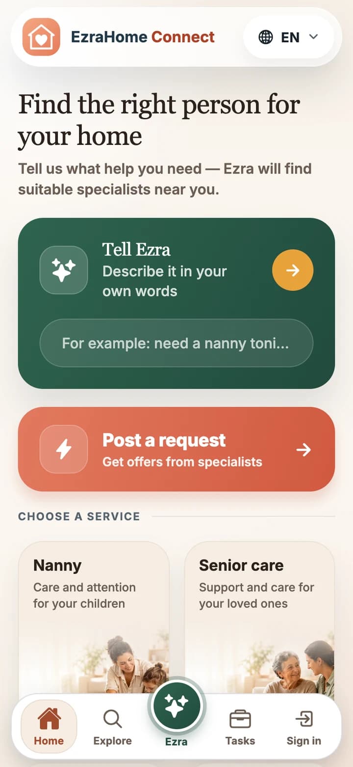 EzraHome Connect app screens